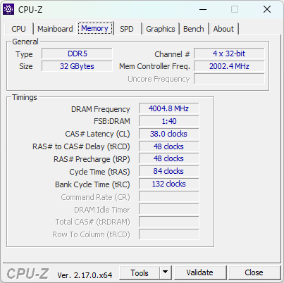 Hinterlegte Speichertimings des RAM-Kits bei 8.000 MHz.